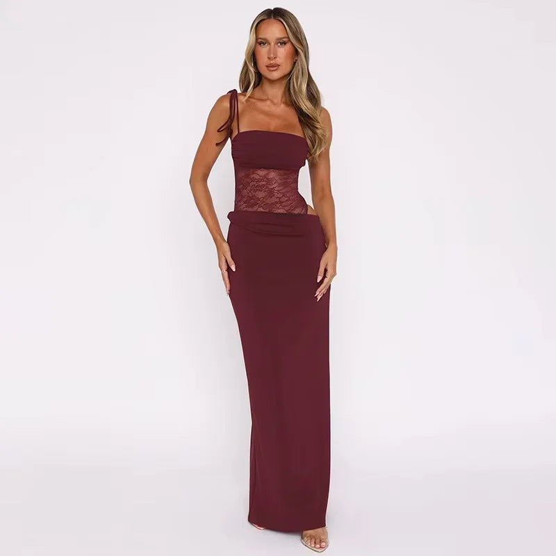 Long Women's Dress with Lace Detail and Backless Design