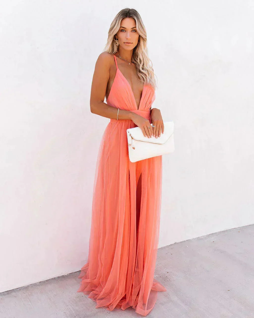 Long Orange Backless Dress with Fine Straps for Summer Evenings