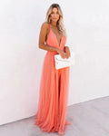 Long Orange Backless Dress with Fine Straps for Summer Evenings