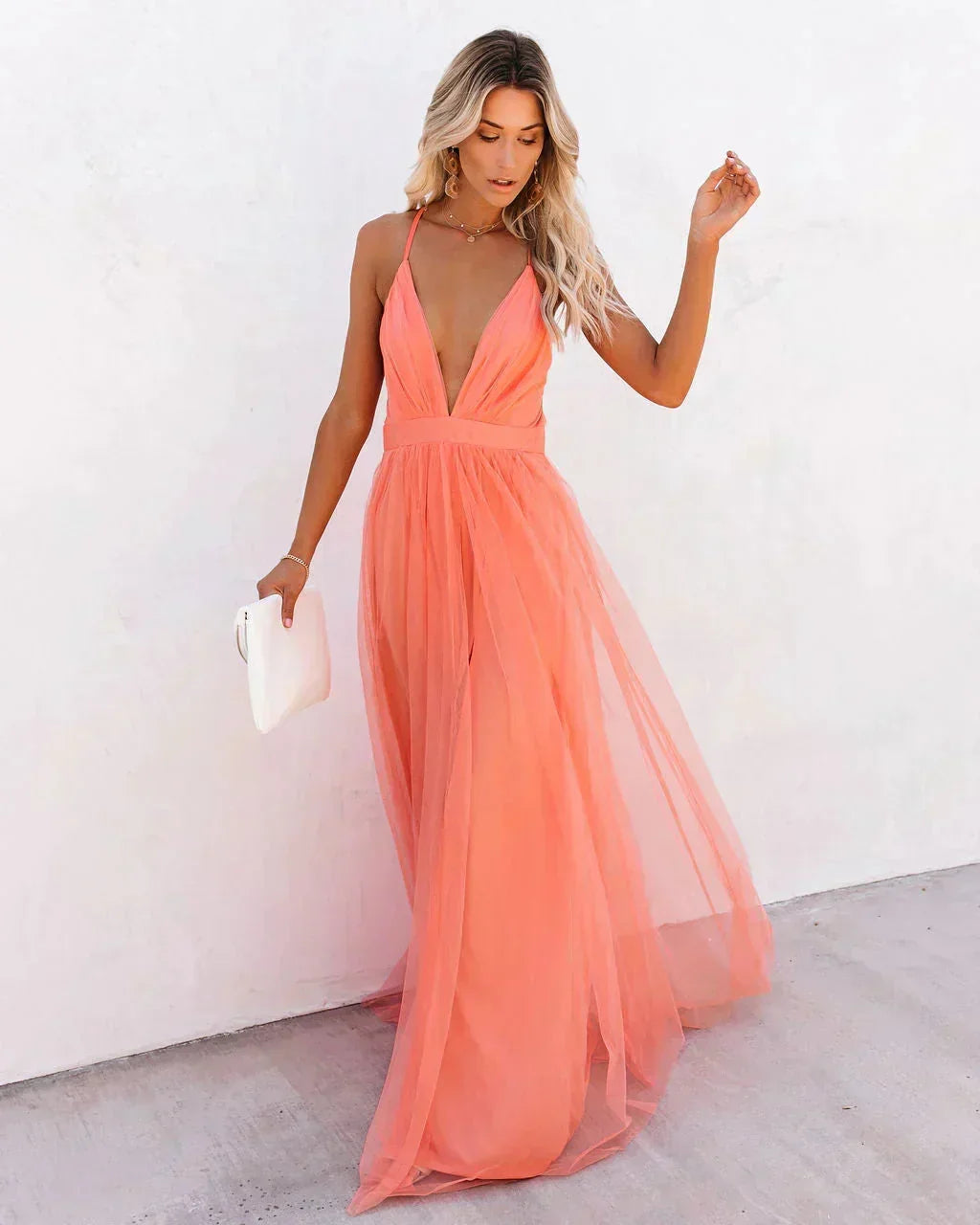 Long Orange Backless Dress with Fine Straps for Summer Evenings
