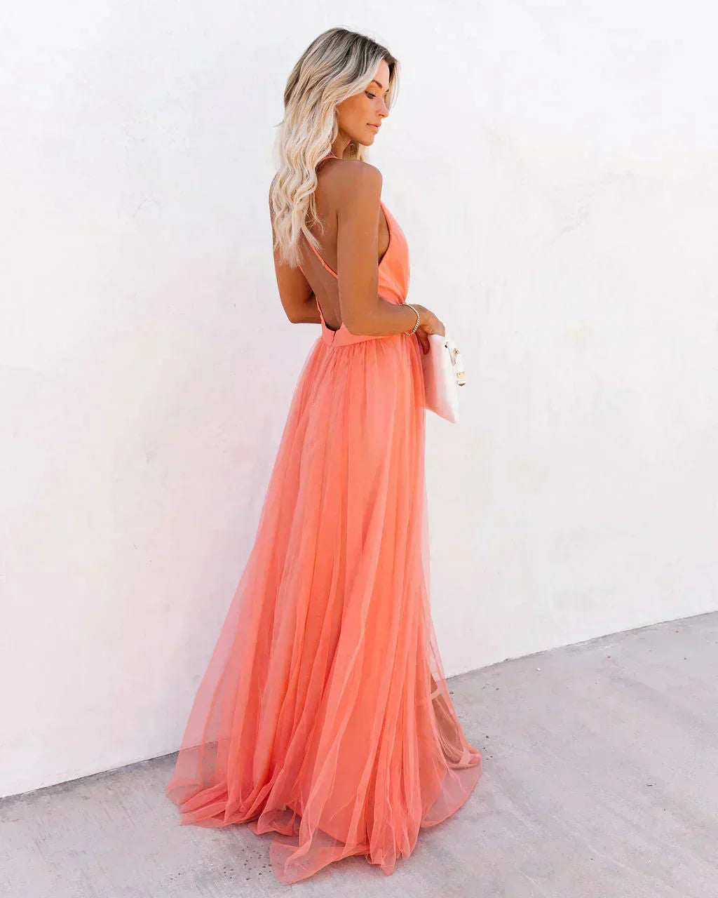 Long Orange Backless Dress with Fine Straps for Summer Evenings