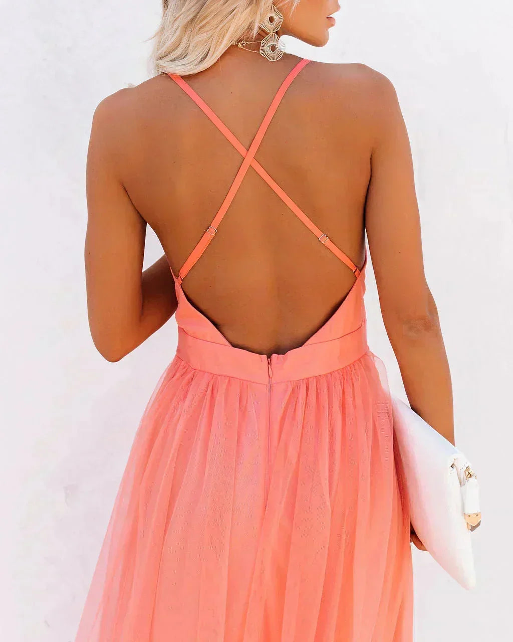 Long Orange Backless Dress with Fine Straps for Summer Evenings