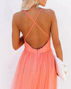 Long Orange Backless Dress with Fine Straps for Summer Evenings