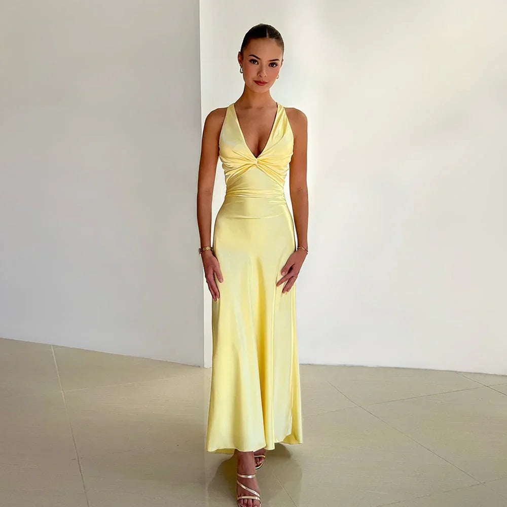 Maxi Dress for Women with Crossover Neckline and Backless Design