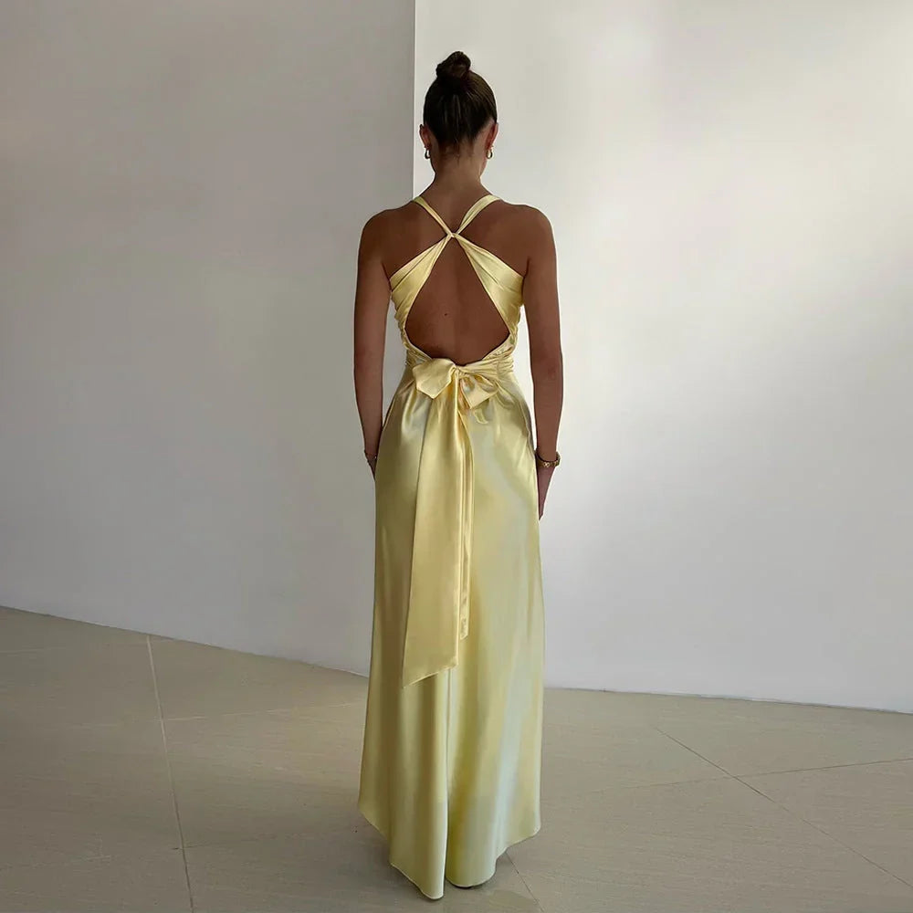 Maxi Dress for Women with Crossover Neckline and Backless Design