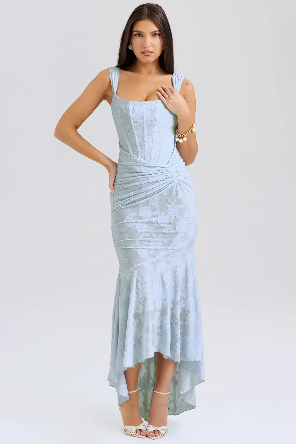 Mid-length floral pattern women's dress with wide straps