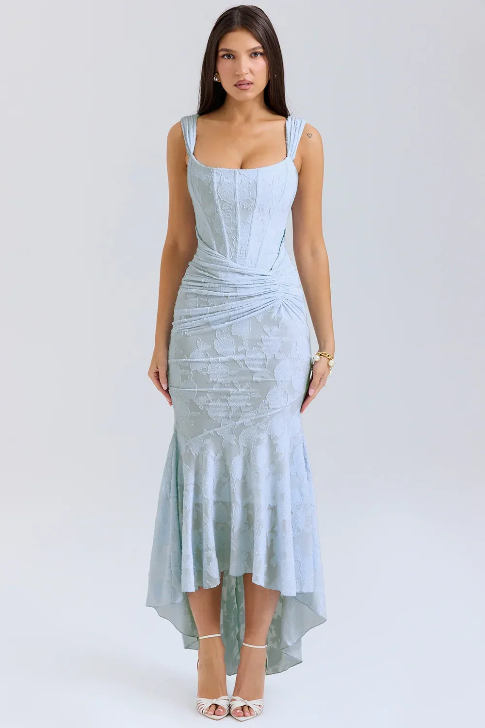 Mid-length floral pattern women's dress with wide straps