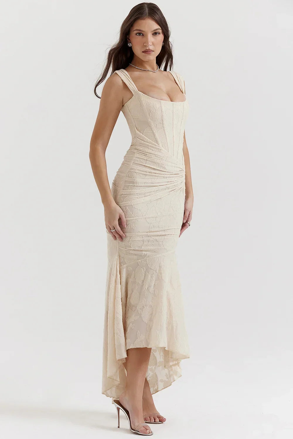 Mid-length floral pattern women's dress with wide straps