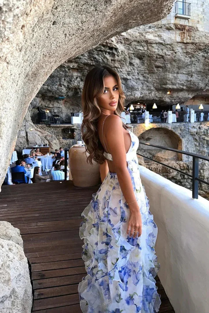 Ruffled Floral Corset Maxi Dress Summer Wedding Guest Dress