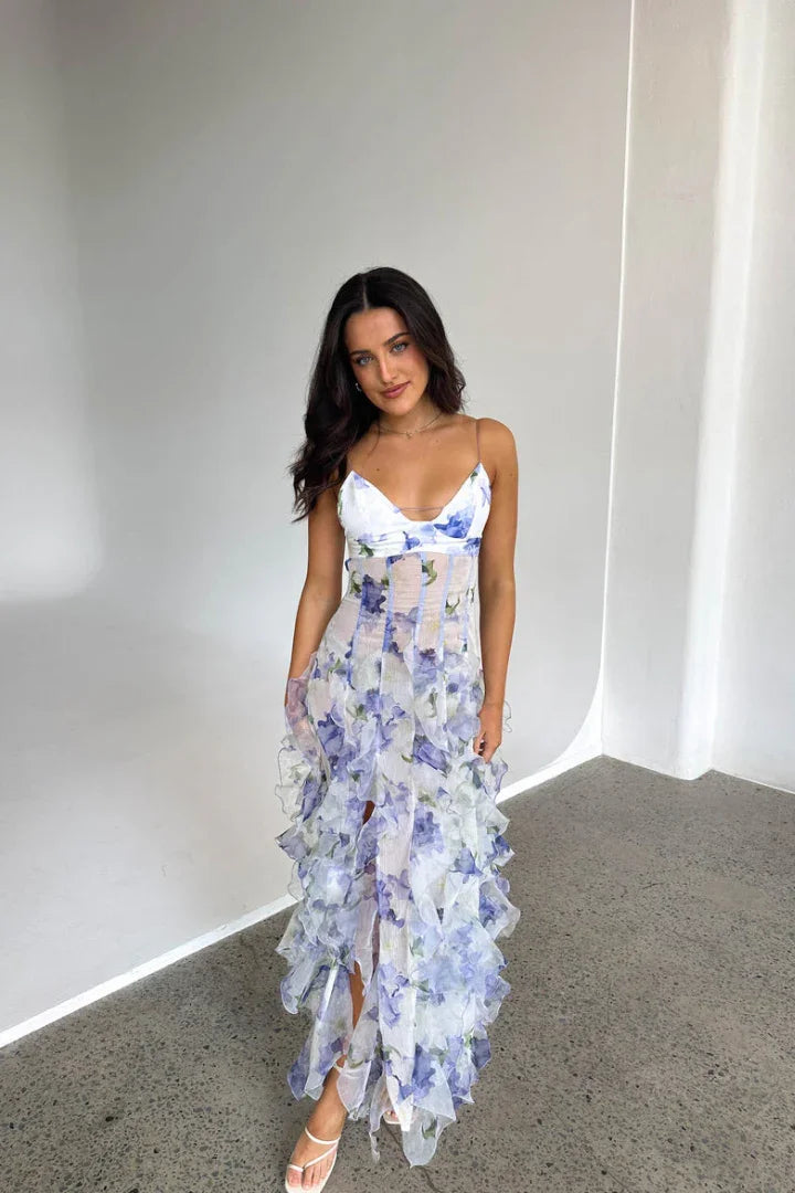 Ruffled Floral Corset Maxi Dress Summer Wedding Guest Dress