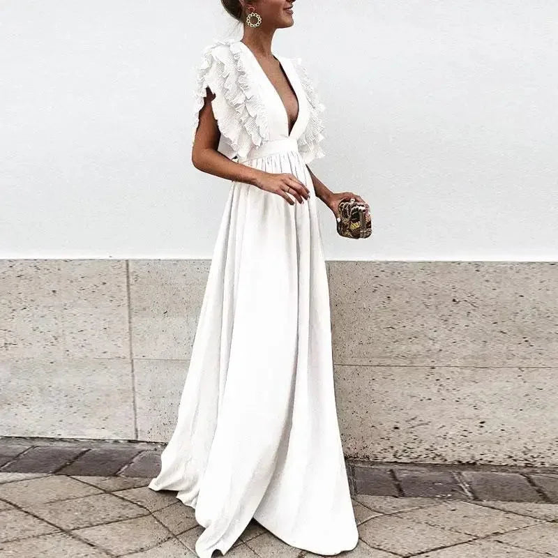 Ruffled Sleeve Plunging Maxi Dress