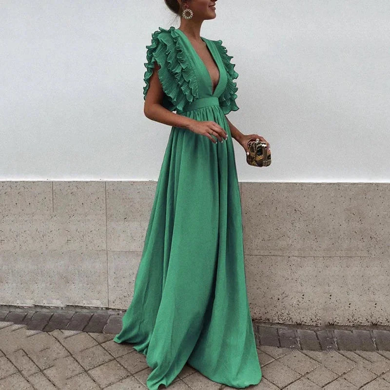 Ruffled Sleeve Plunging Maxi Dress