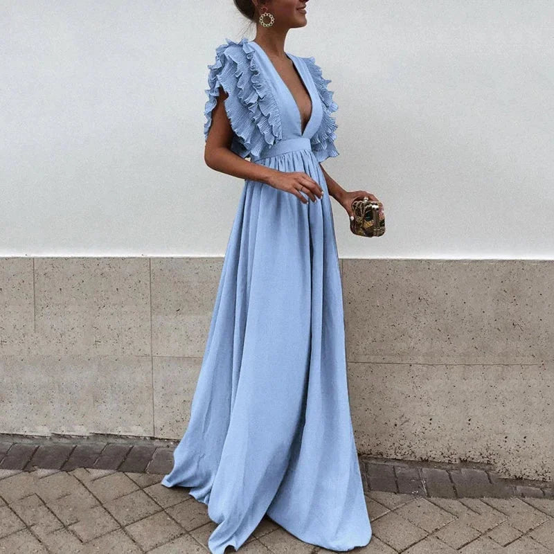 Ruffled Sleeve Plunging Maxi Dress