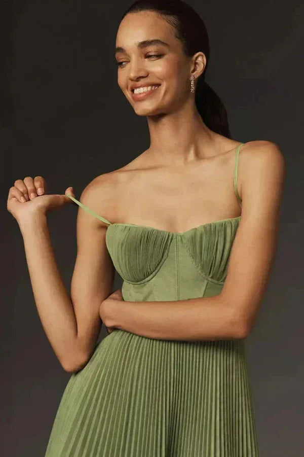 Pleated Midi Dress for Women with Straps in Olive Green