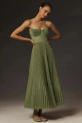Pleated Midi Dress for Women with Straps in Olive Green