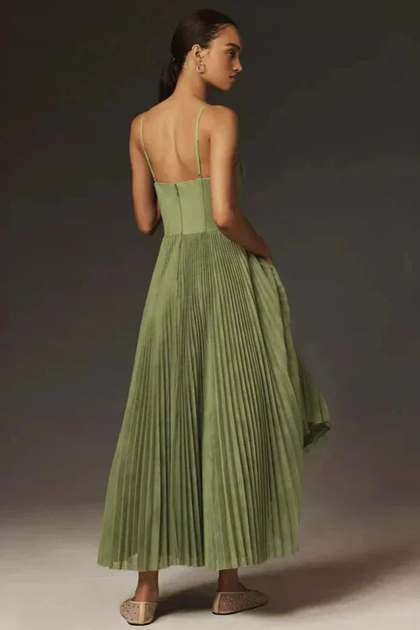 Pleated Midi Dress for Women with Straps in Olive Green
