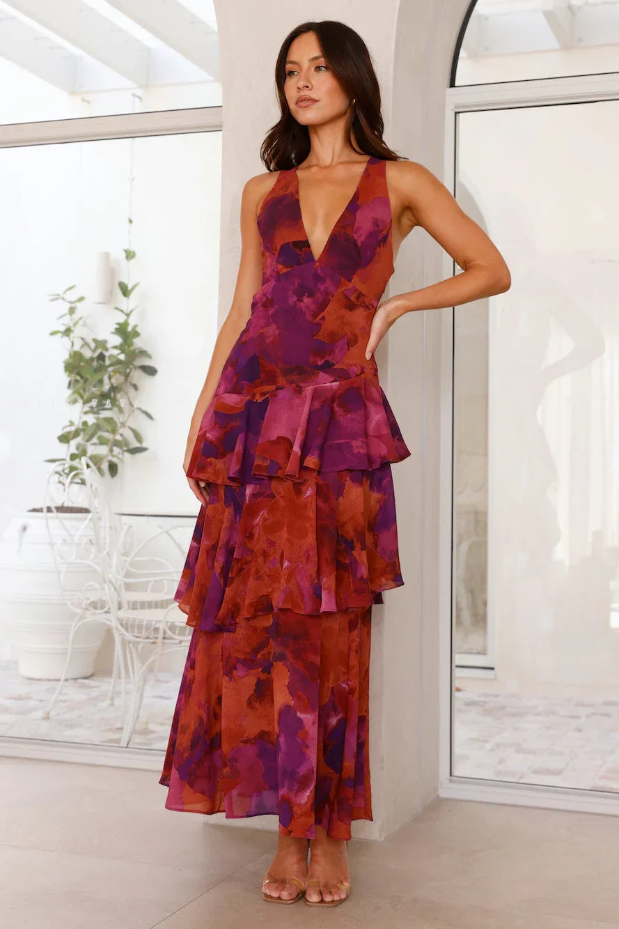 Women's Long Printed Ruffle Dress without Sleeves