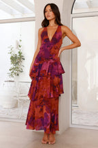 Women's Long Printed Ruffle Dress without Sleeves
