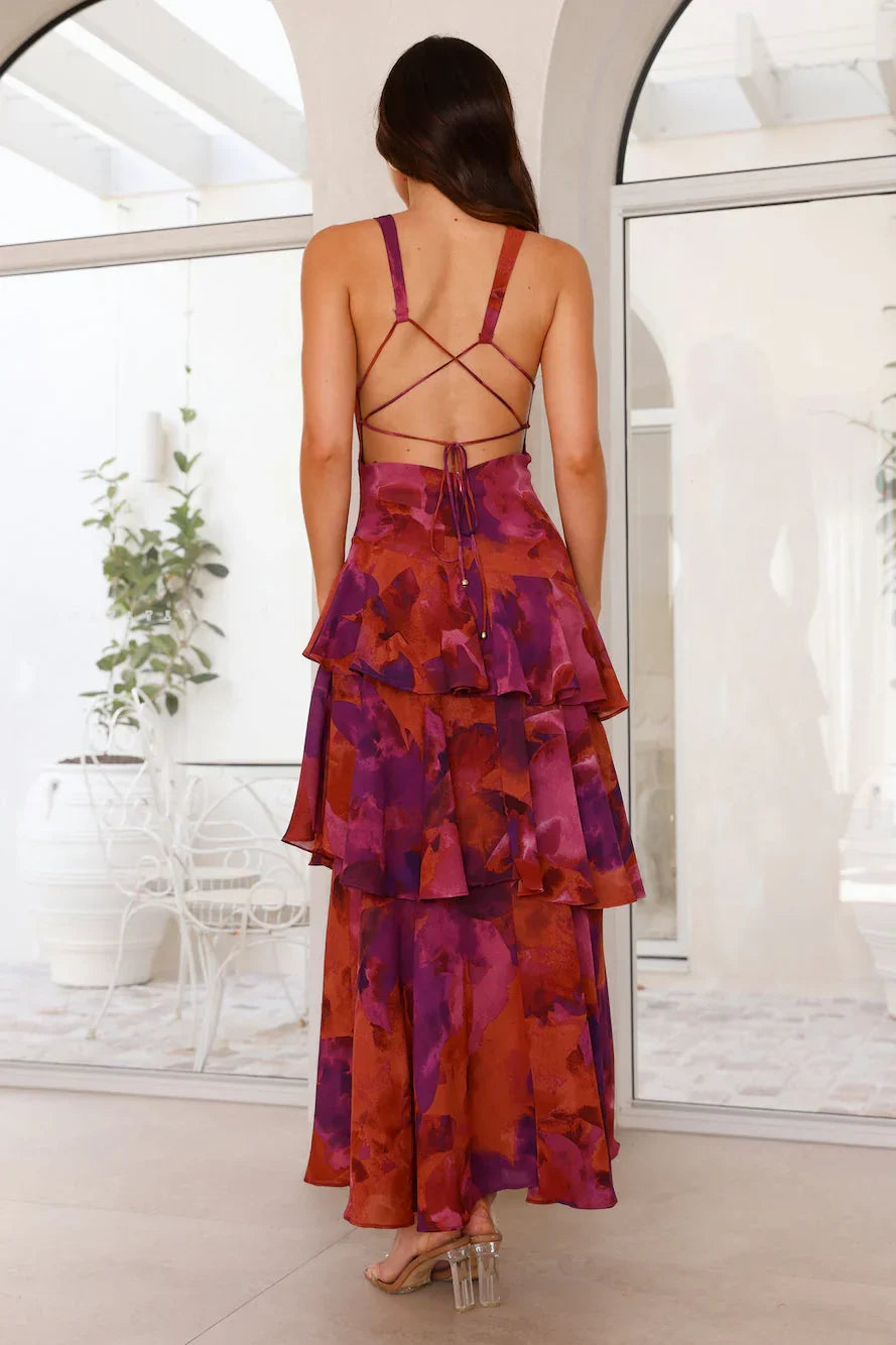 Women's Long Printed Ruffle Dress without Sleeves