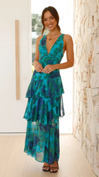 Women's Long Printed Ruffle Dress without Sleeves