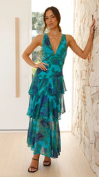 Women's Long Printed Ruffle Dress without Sleeves