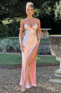 Long Satin Evening Dress with V-Neck and Thin Straps