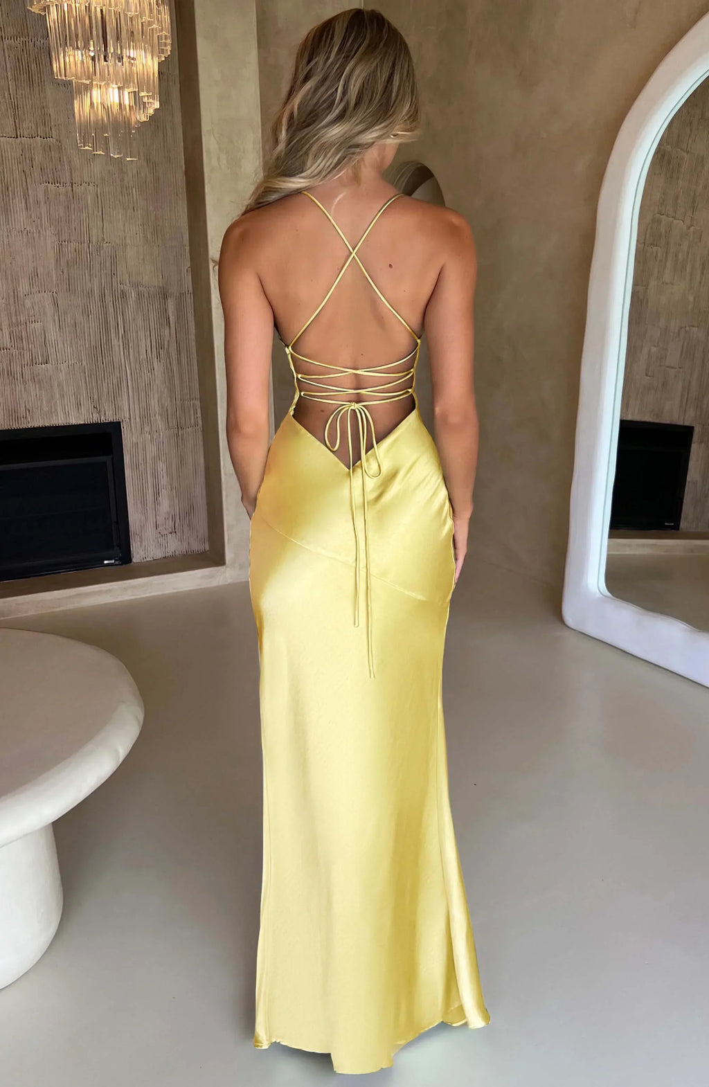 Long Satin Evening Dress with V-Neck and Thin Straps