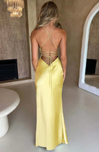 Long Satin Evening Dress with V-Neck and Thin Straps