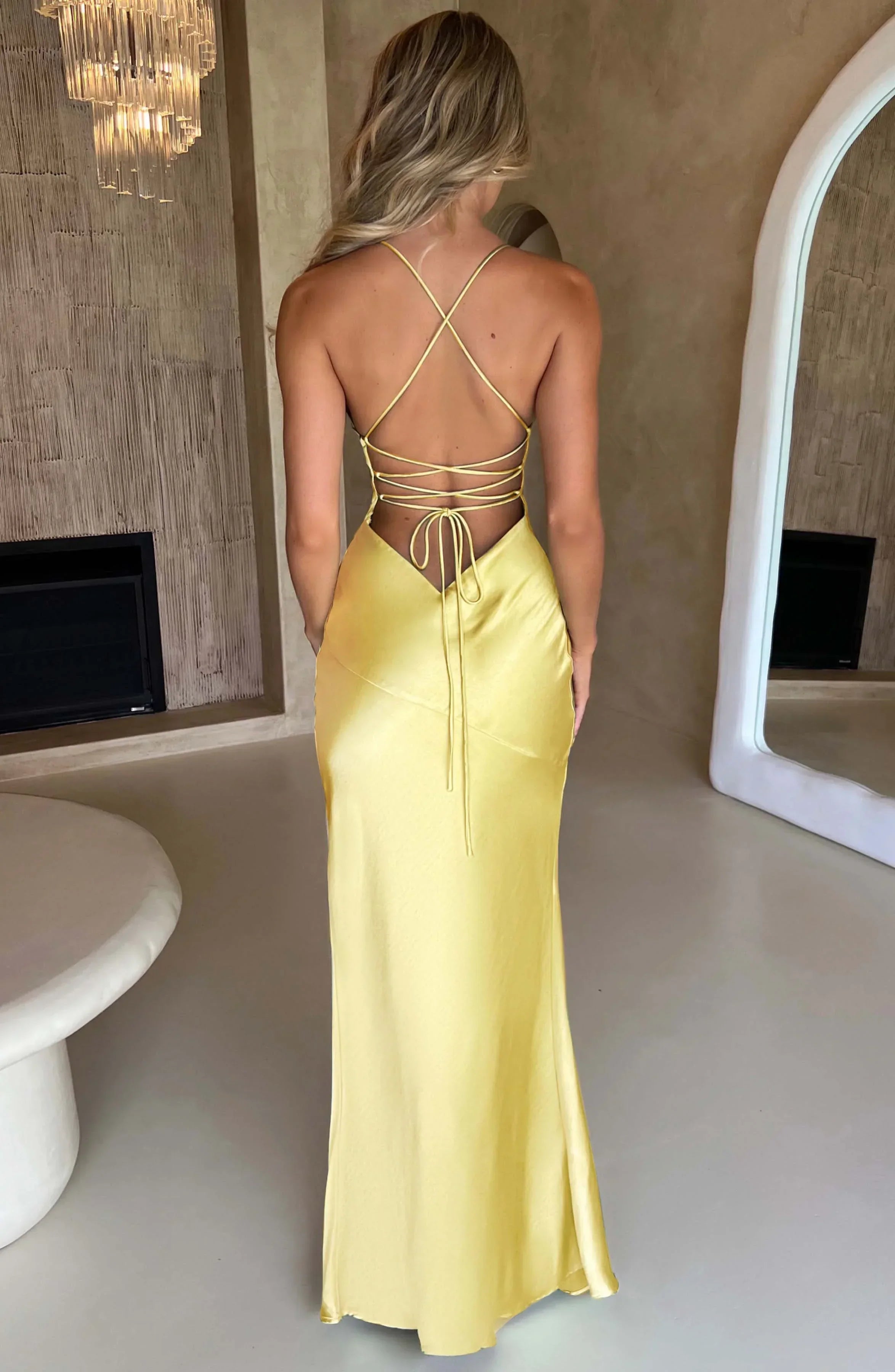 Long Satin Evening Dress with V-Neck and Thin Straps