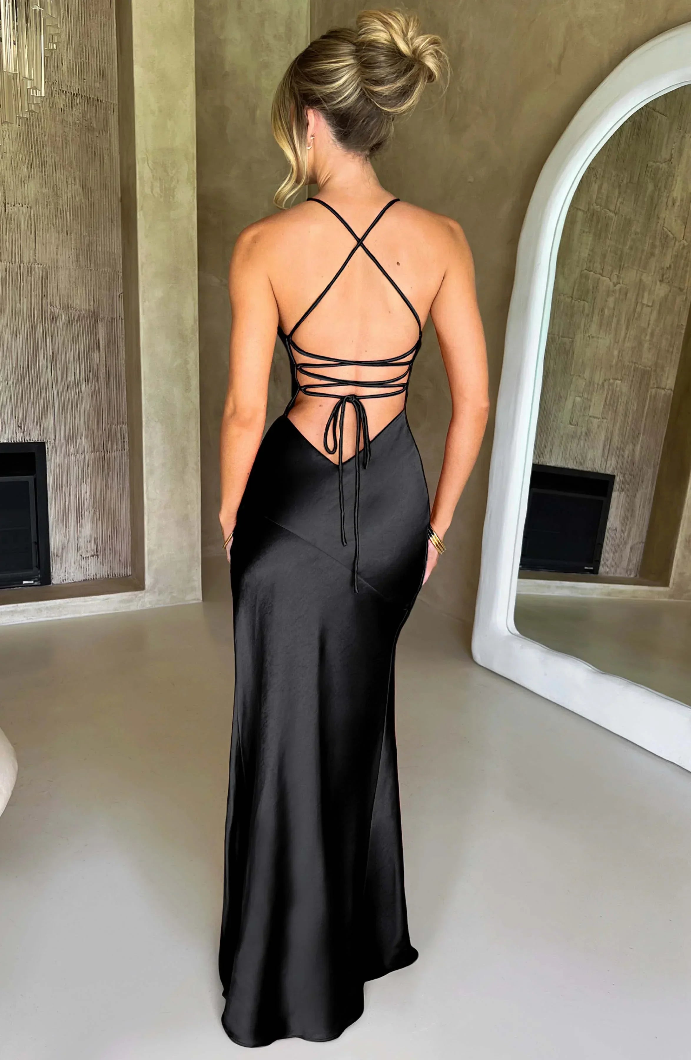 Long Satin Evening Dress with V-Neck and Thin Straps