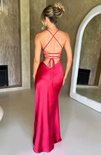 Long Satin Evening Dress with V-Neck and Thin Straps