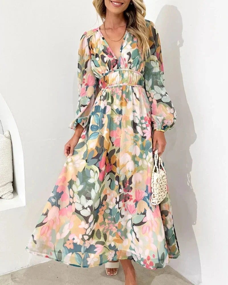 Long floral dress with long sleeves and V-neck for spring weddings