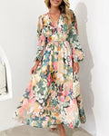 Long floral dress with long sleeves and V-neck for spring weddings