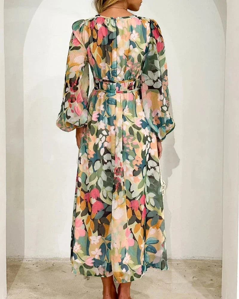 Long floral dress with long sleeves and V-neck for spring weddings