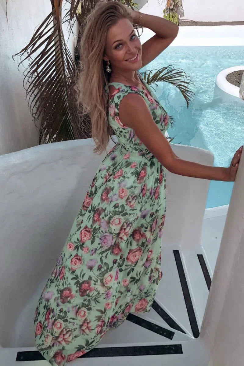 Sleeveless Long Dress with Floral Slit for Summer