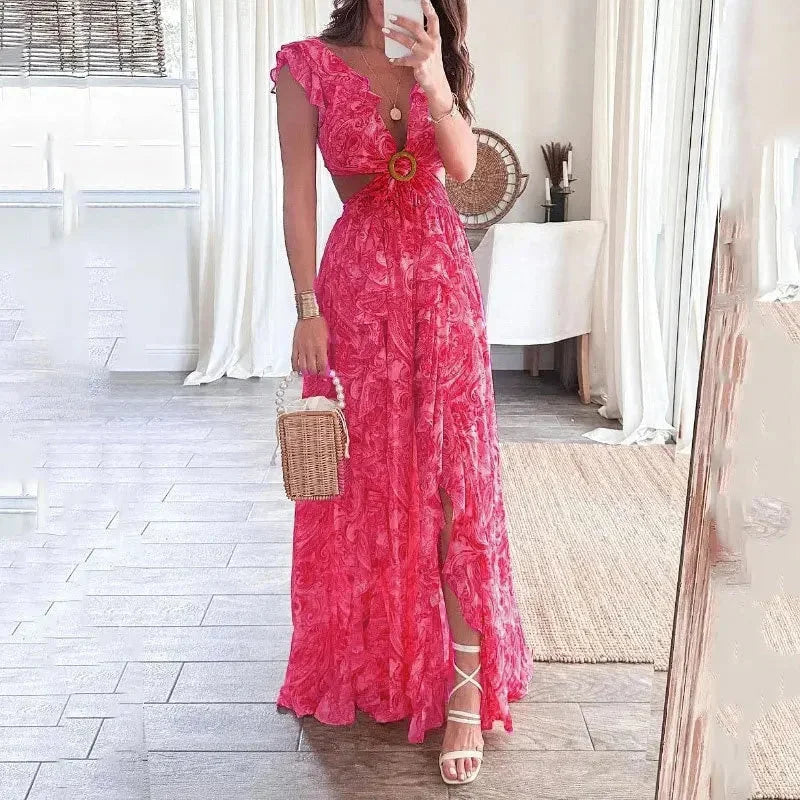 Long floral dress with cut-outs and elegant V-neck