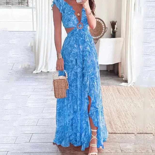 Long floral dress with cut-outs and elegant V-neck