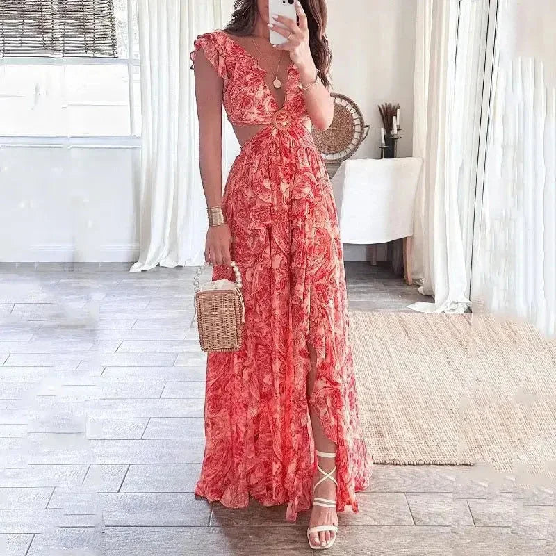 Long floral dress with cut-outs and elegant V-neck
