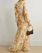 Long Floral Beige Dress for Women with V-Neck and Slit