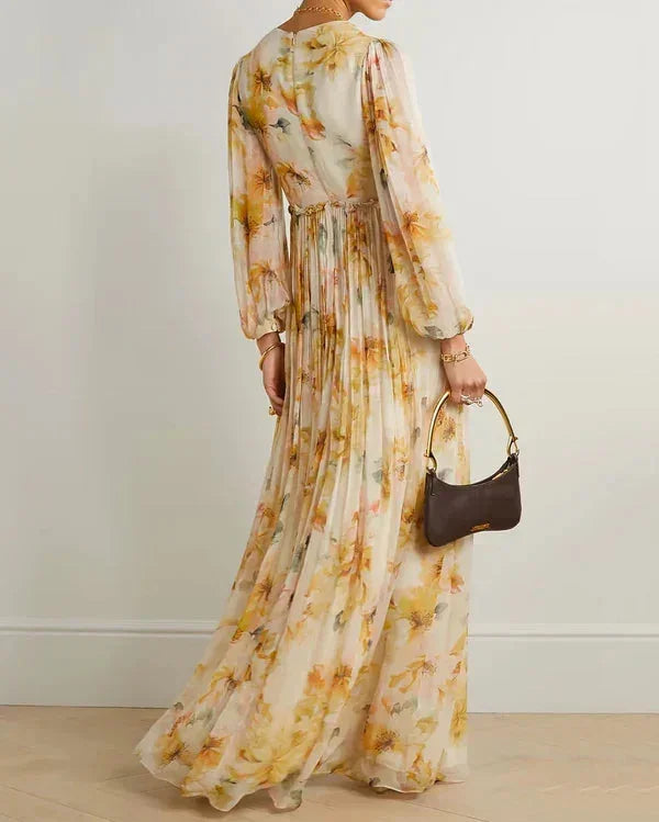 Long Floral Beige Dress for Women with V-Neck and Slit
