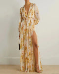 Long Floral Beige Dress for Women with V-Neck and Slit