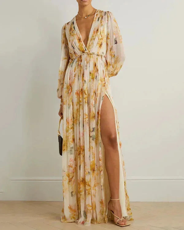 Long Floral Beige Dress for Women with V-Neck and Slit