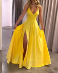 Long Flowing Split Dress with Plunging Neckline