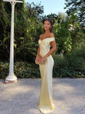 Long satin yellow dress with off-the-shoulder design for evening wear