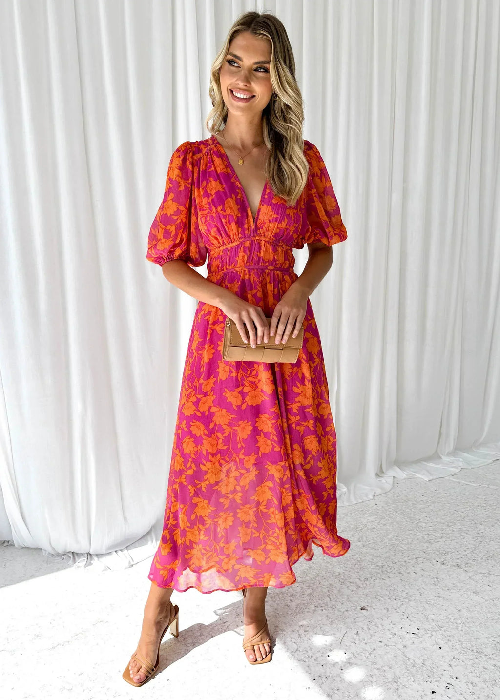 Long Floral Women's Dress in Pink with Short Sleeves and V-Neck