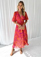 Long Floral Women's Dress in Pink with Short Sleeves and V-Neck