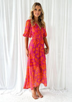 Long Floral Women's Dress in Pink with Short Sleeves and V-Neck