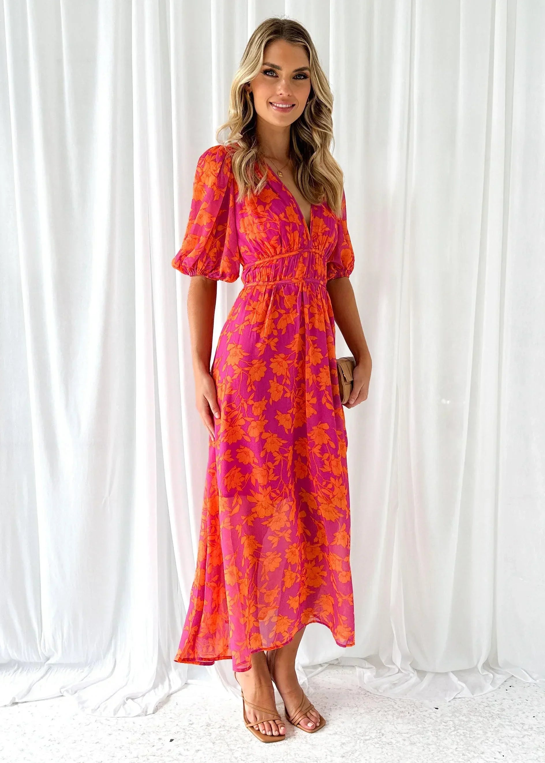 Long Floral Women's Dress in Pink with Short Sleeves and V-Neck