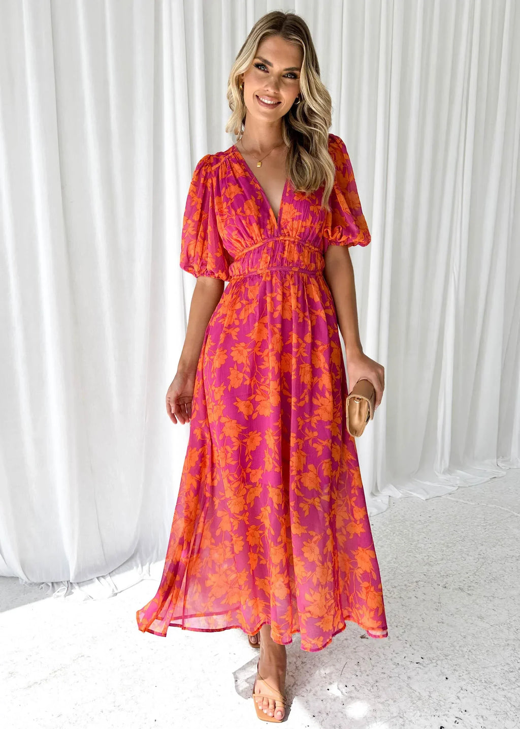 Long Floral Women's Dress in Pink with Short Sleeves and V-Neck