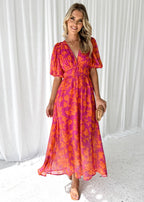Long Floral Women's Dress in Pink with Short Sleeves and V-Neck